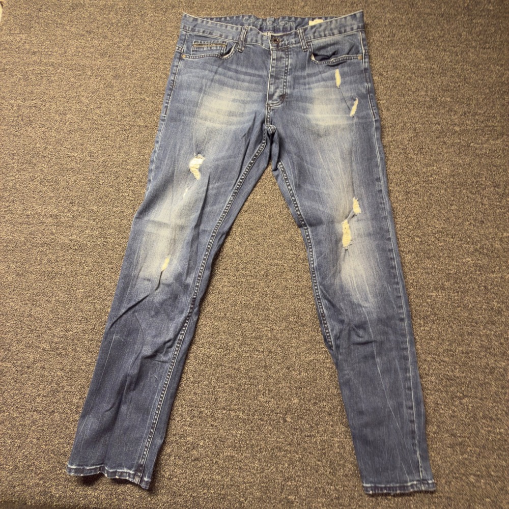 Calvin‎ Klein Jeans Mens 34x32 Slim Fit Distressed Ripped Blue Denim Pants